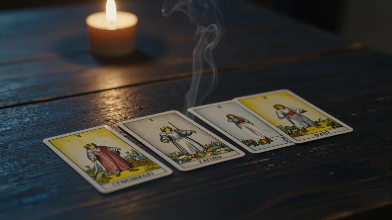 Three tarot cards lying face down on a dark wooden table in candlelight