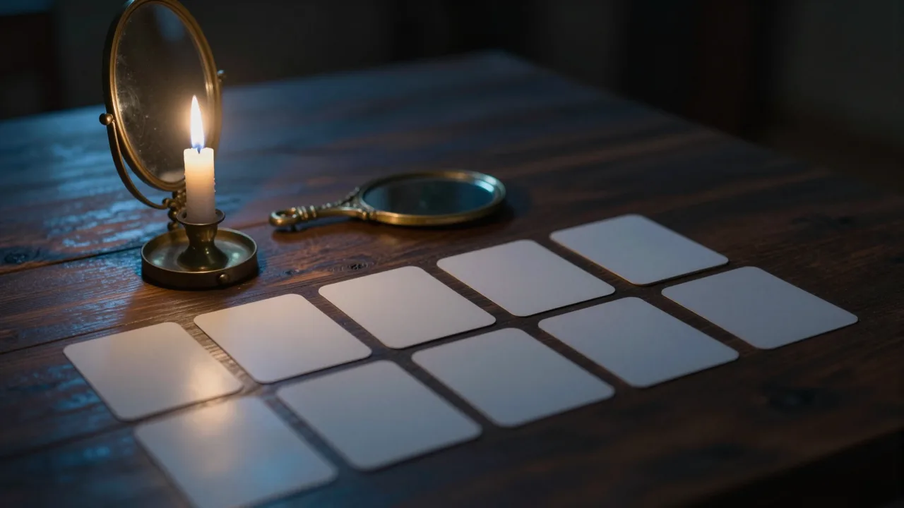 Candlelit wooden table at night with a glowing screen and scattered cards, no person visible