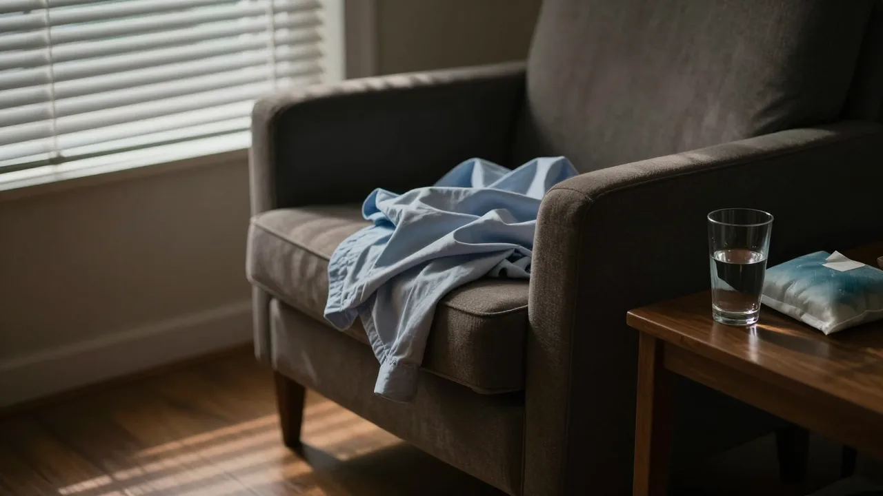 Empty armchair by a window at dawn with a melting ice pack and an untouched glass of water on the side table