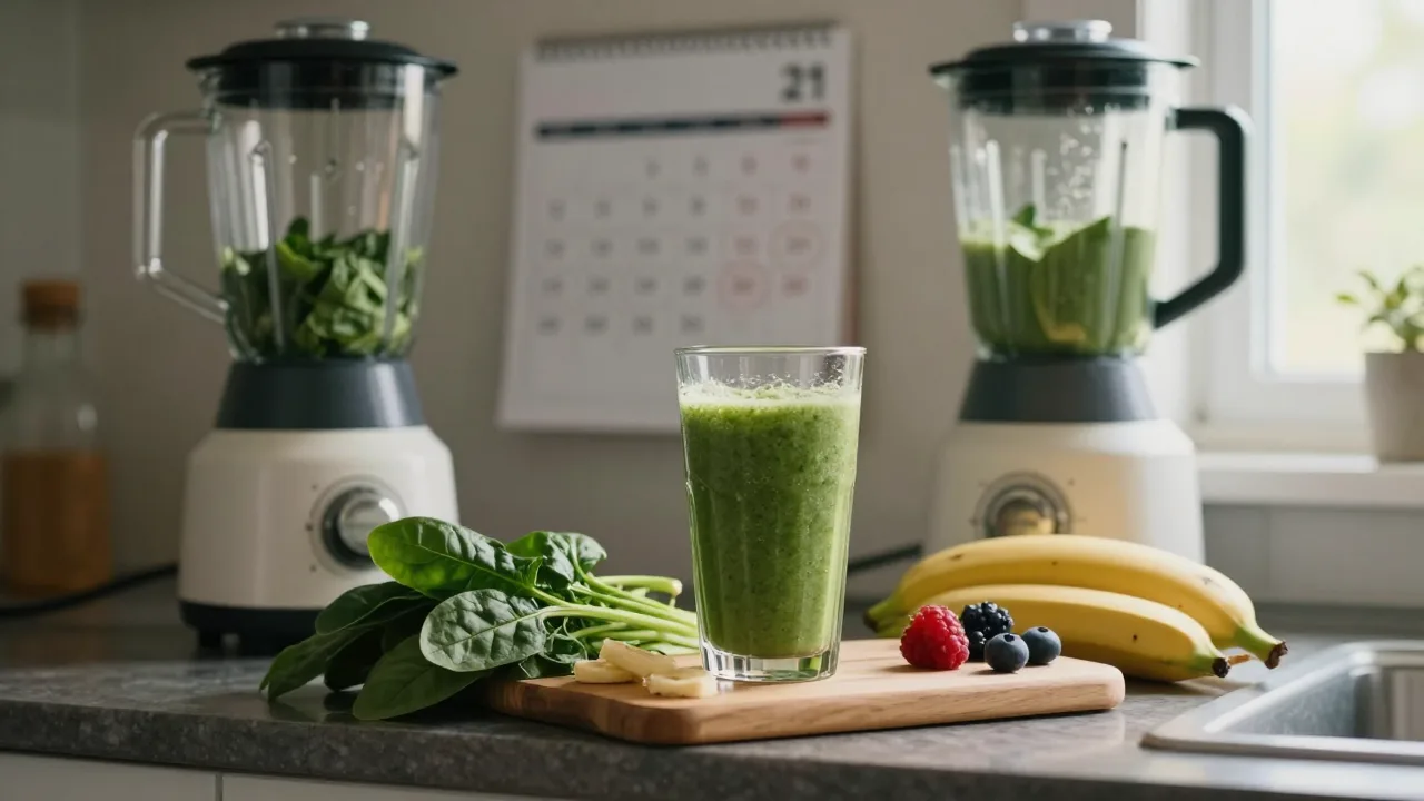 A green smoothie on a sunlit kitchen counter beside a paper calendar marked for 21 days