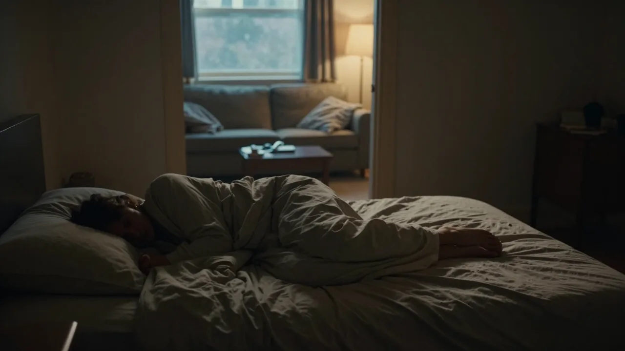 An empty bed at dawn with a folded blanket left on a couch through the open doorway