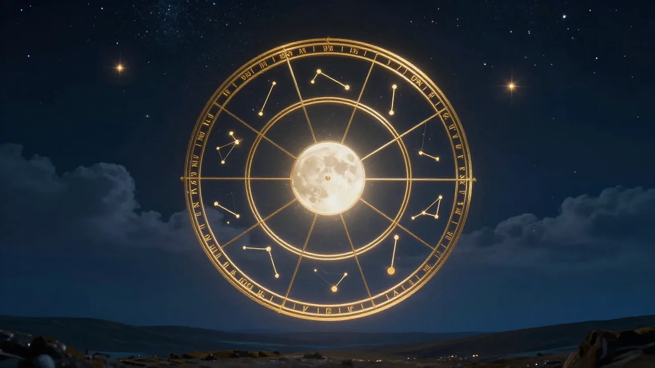 Moonlit zodiac wheel with glowing celestial symbols