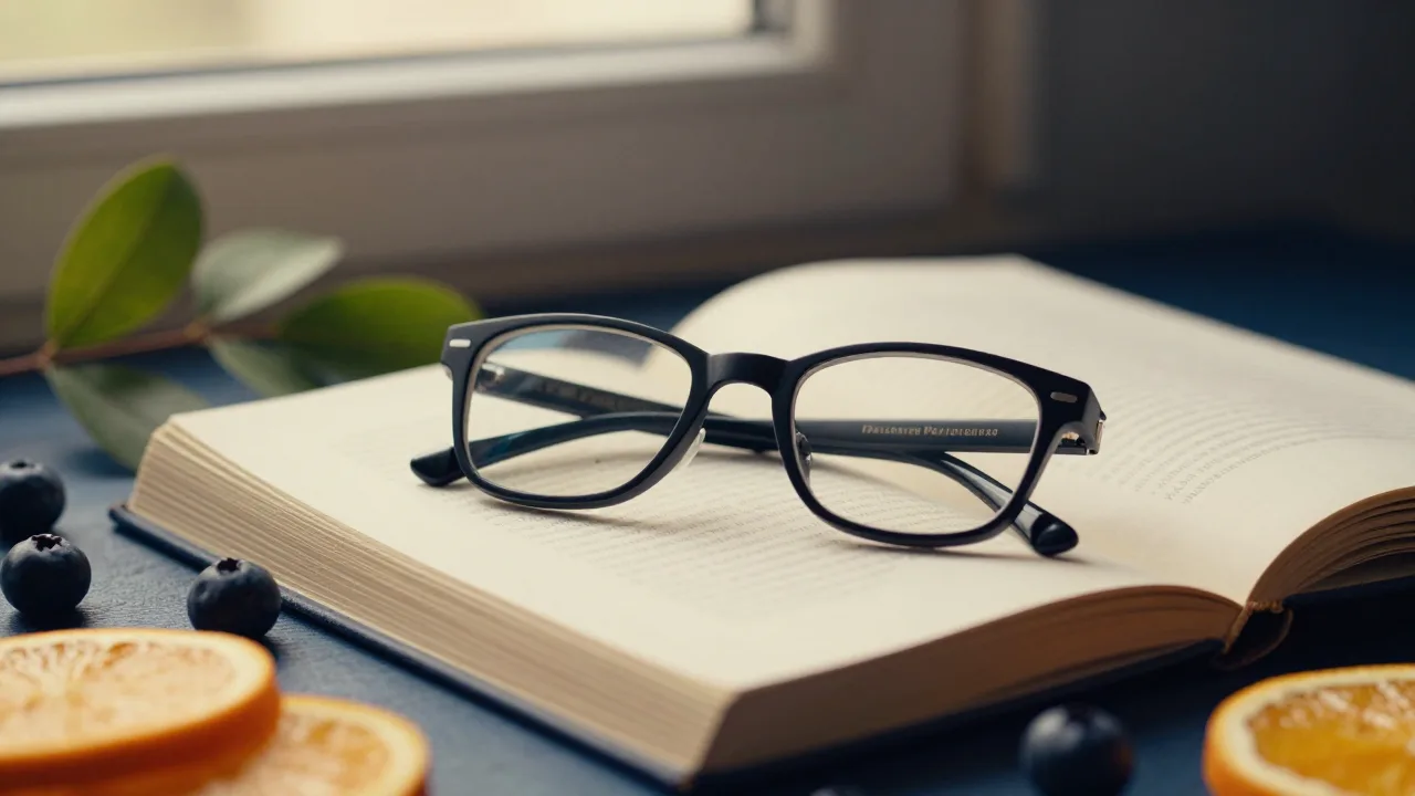 Warmly lit reading glasses beside a book and fresh berries