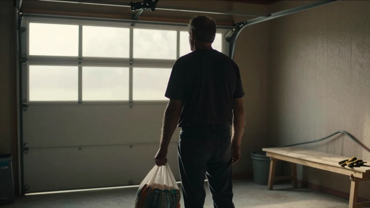 Older man standing in a dimly lit garage beside a bag of mulch
