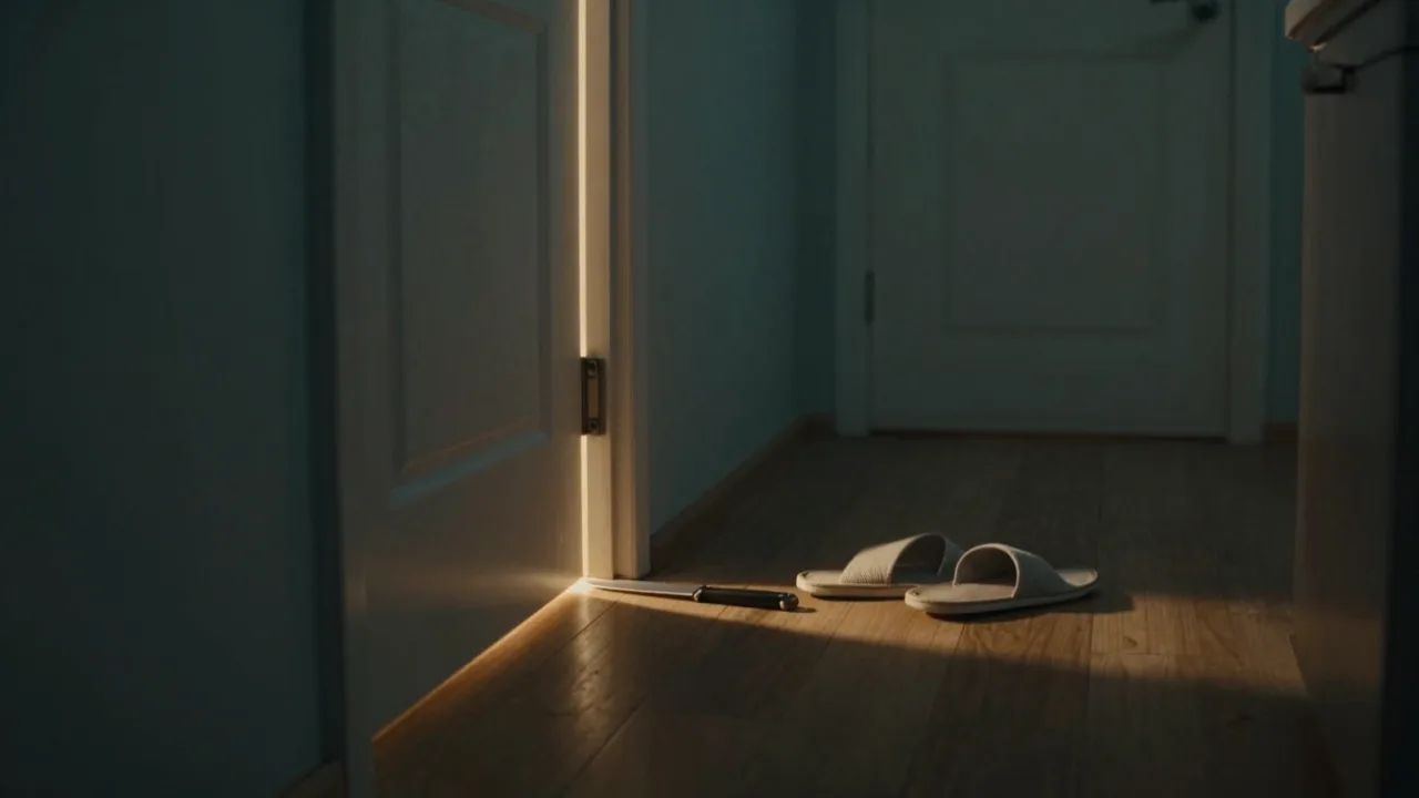 Dark hallway at night with a thin line of light under a closed bathroom door