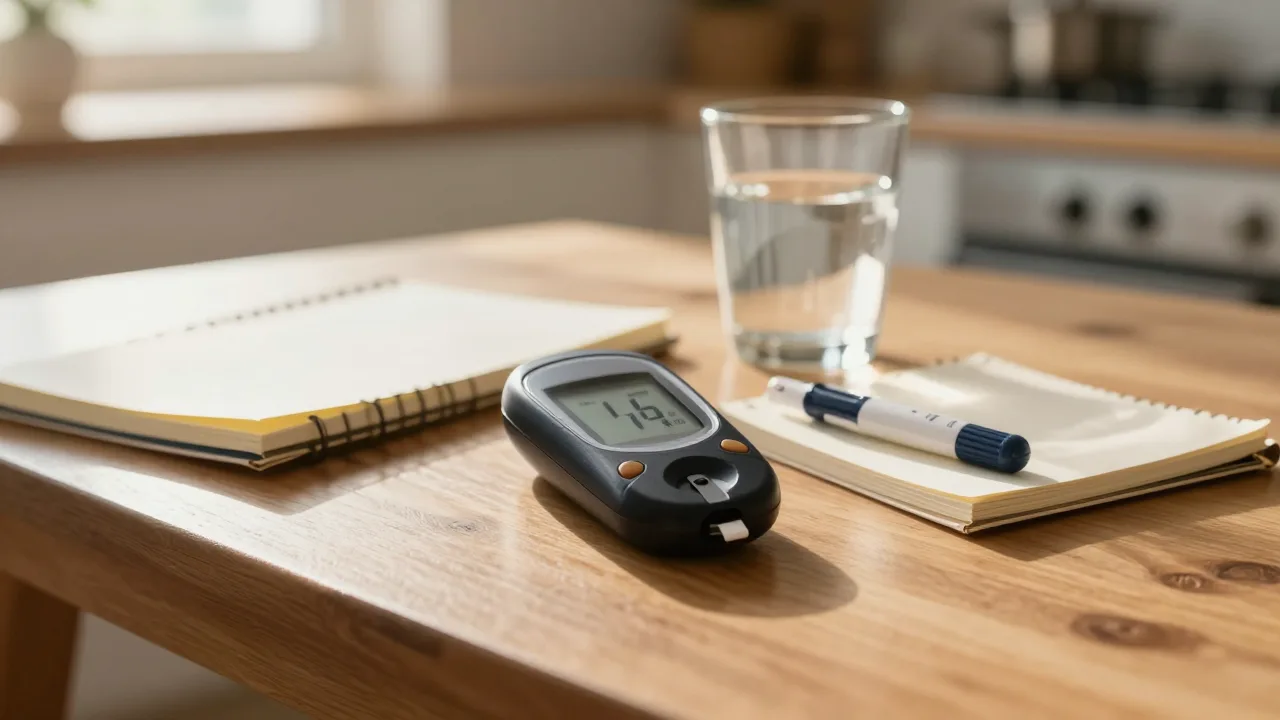 Cinematic kitchen table with a glucose meter, notebook and morning light, no people