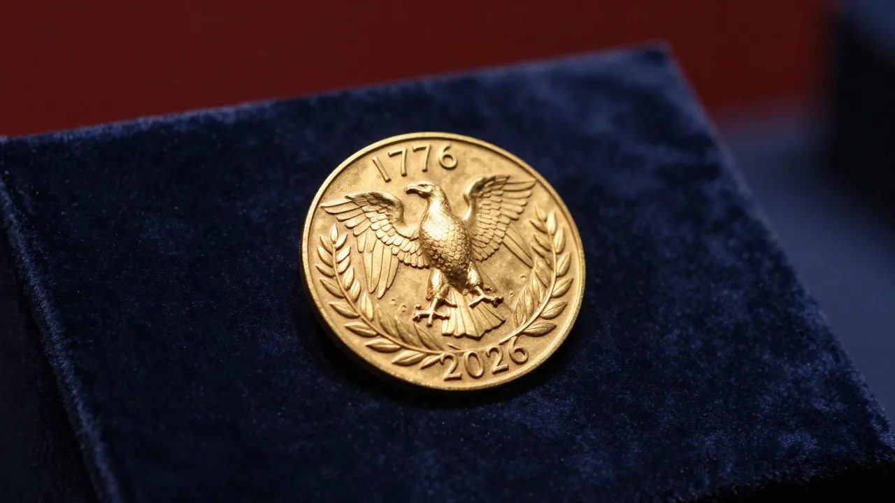 Gold-colored commemorative badge resting on dark velvet under a single warm spotlight