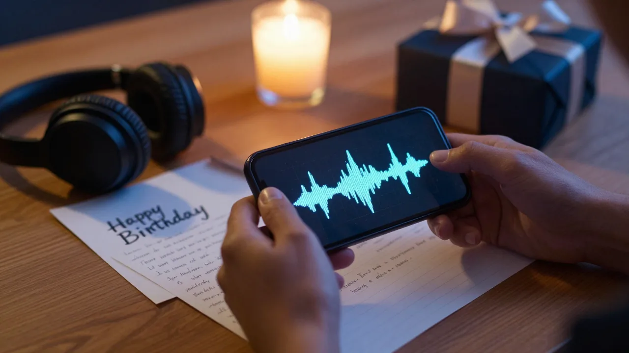 Hands holding a phone beside a handwritten memory note and headphones