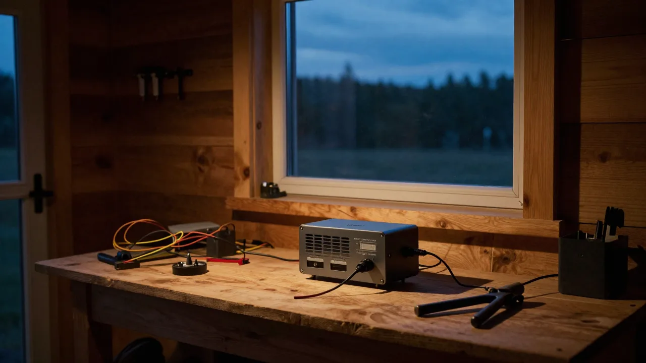 Cinematic off-grid cabin at dusk with a small glowing workbench device