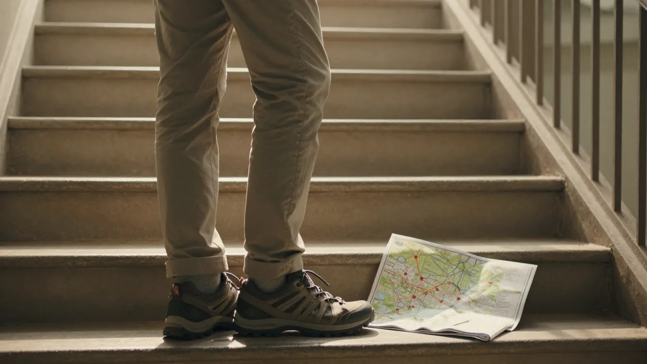A person pausing at the bottom of a sunlit staircase beside walking shoes
