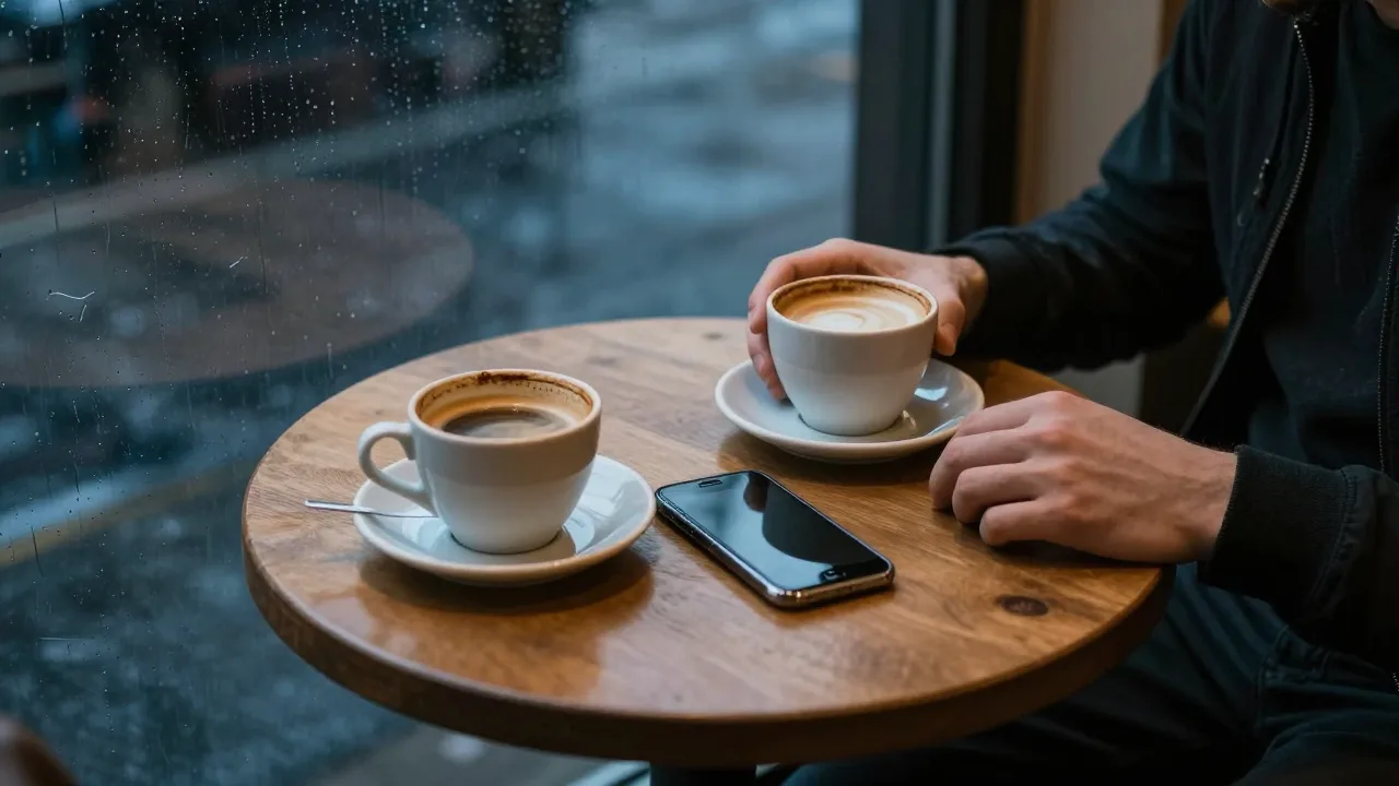 Two coffee cups on a café table at dusk with a phone lying face down between them