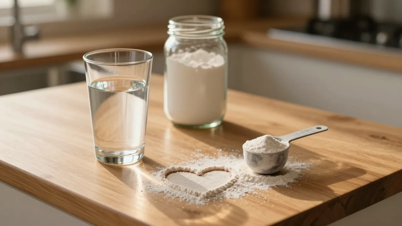 A scoop of supplement powder beside a glass of water on a sunlit kitchen counter