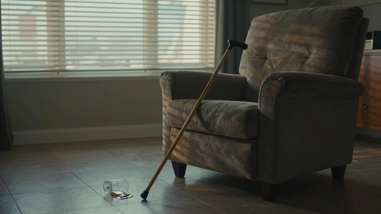 Empty armchair on a polished tiled floor in a quiet living room, late afternoon light