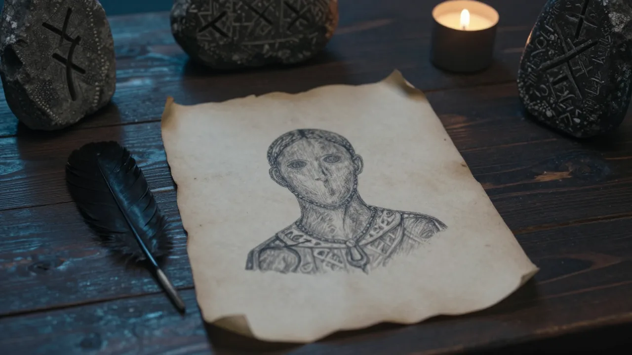 Shadowed Viking rune stones beside an unfinished illustrated portrait