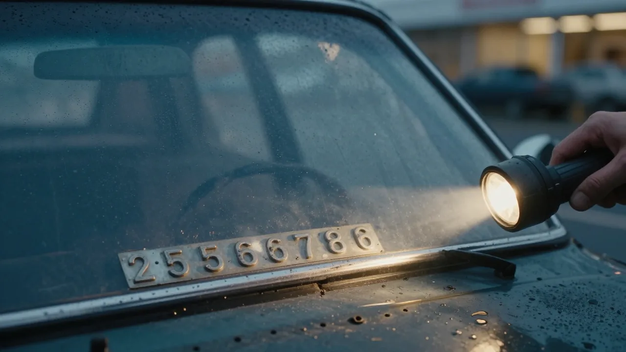Close up of a stamped vehicle identification number plate at the base of a car windscreen at dusk