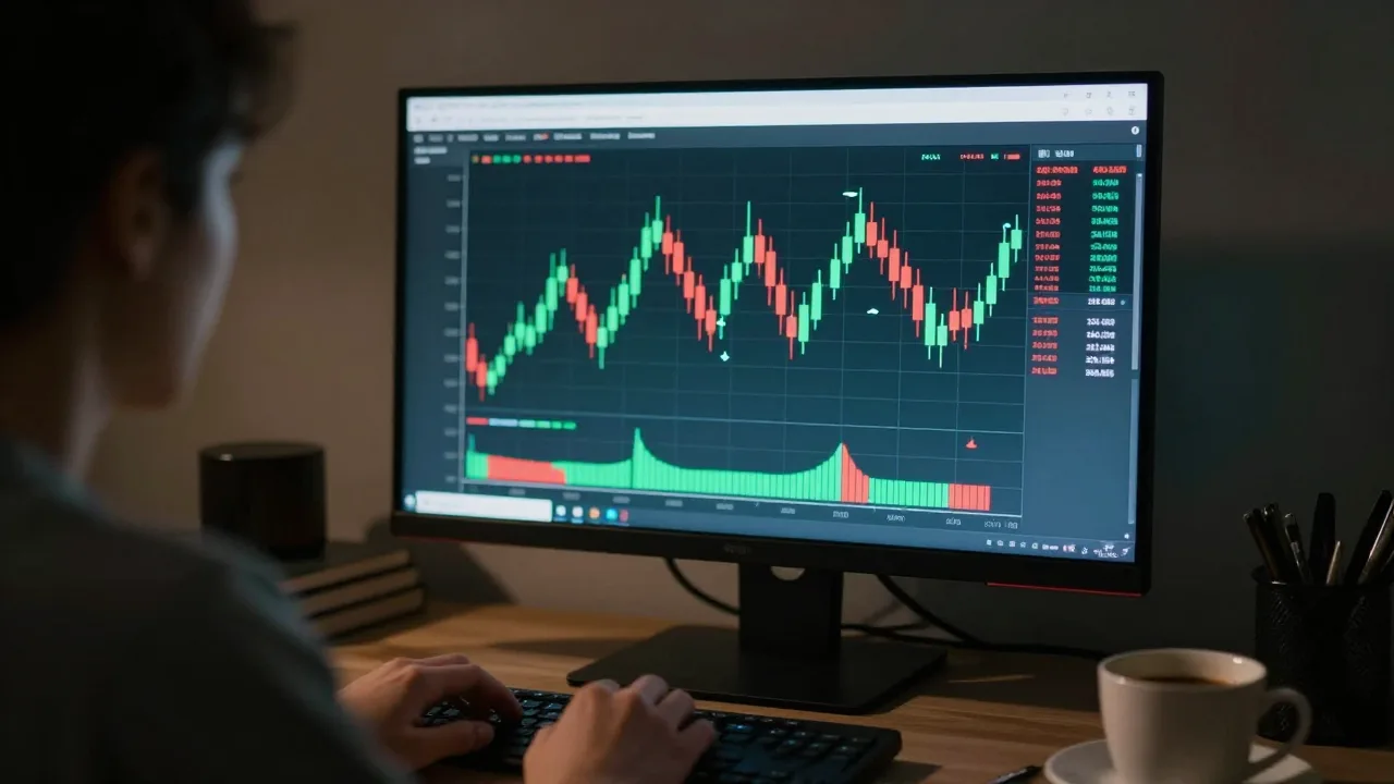 Trading chart on a dark monitor with glowing buy and sell zones at night