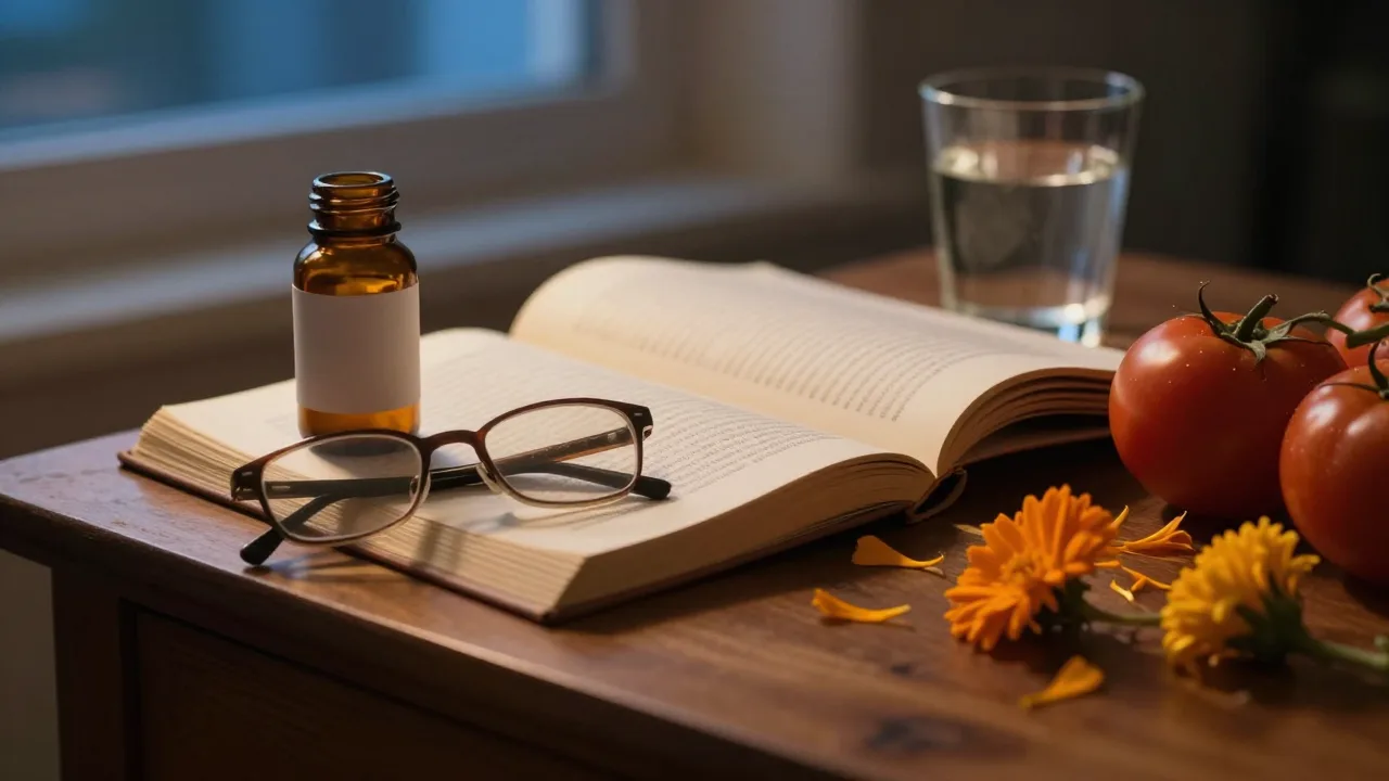 Open reading glasses and an unlabelled amber supplement bottle on a bedside table in warm evening light
