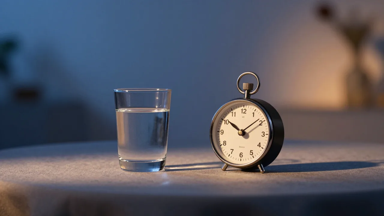 A dinner table with a small mineral glass beside a clock