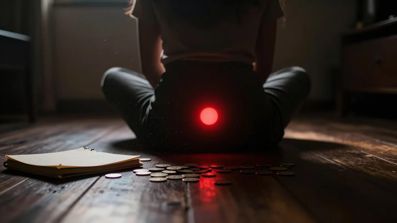 A glowing red energy point at the base of a seated silhouette, with coins scattered on dark wood