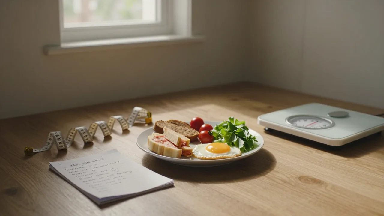 A person planning a simple breakfast beside a notebook and bathroom scale