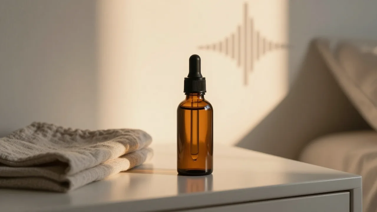 A calm bedside scene with an amber dropper bottle and soft morning light