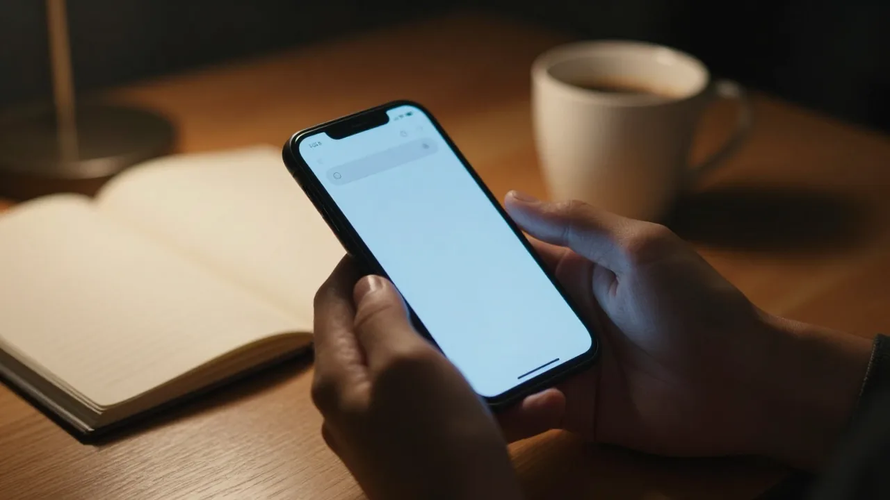 A phone glowing in a dark room with a search bar on screen beside a closed notebook