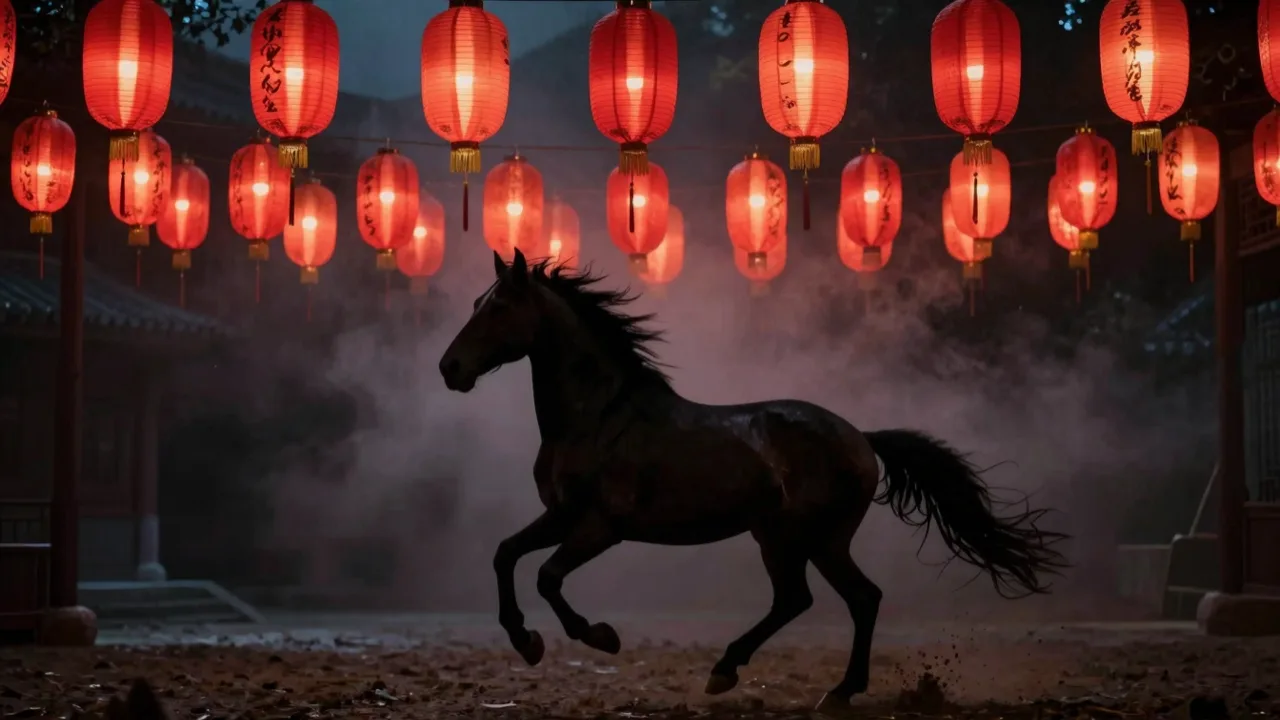 Silhouette of a galloping horse against red lantern light and drifting smoke