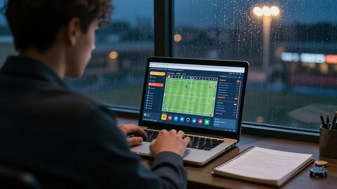Sports betting dashboard glowing beside a notebook