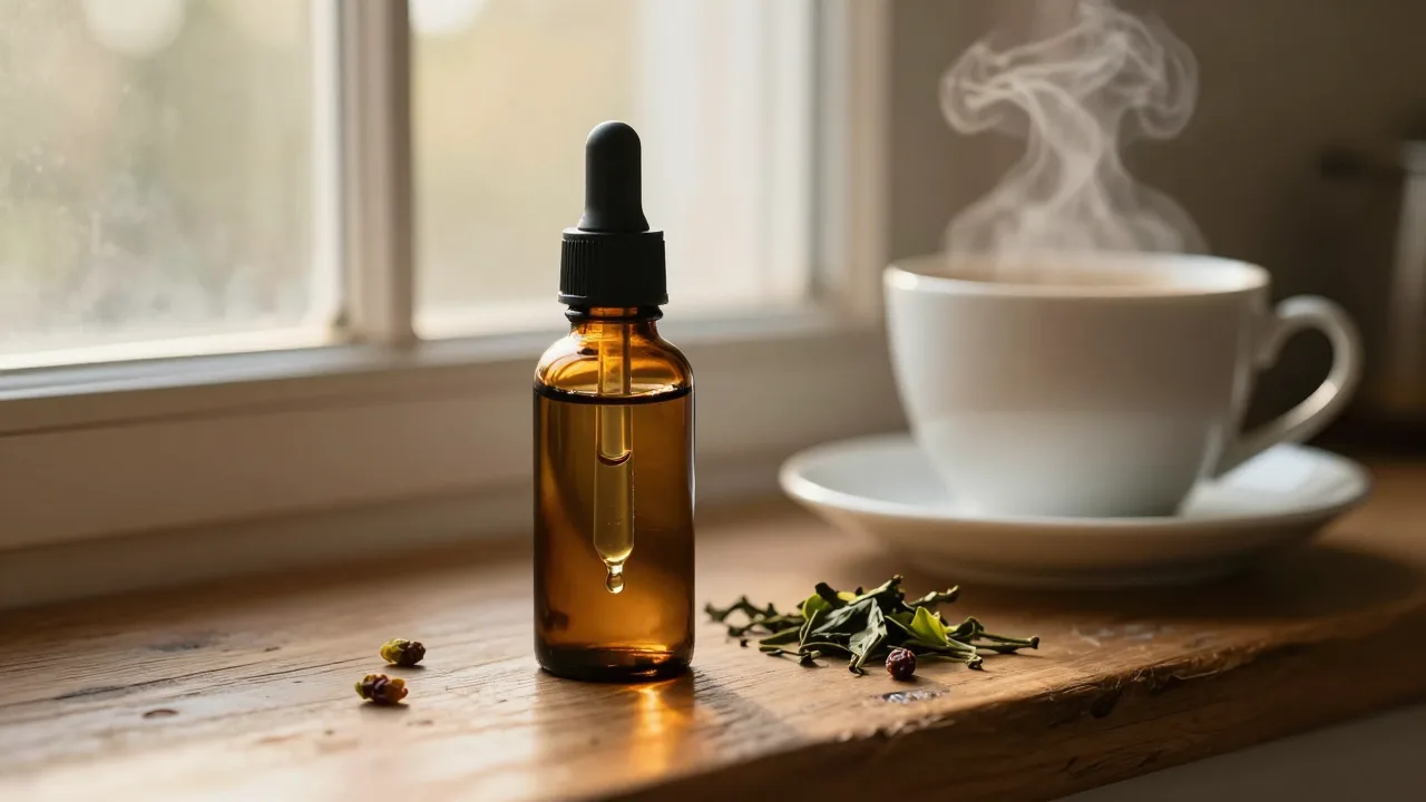 Amber glass dropper bottle on a wooden windowsill in soft morning light