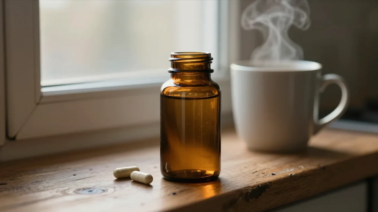A small amber supplement bottle on a kitchen windowsill at dawn, seen from behind, no face visible