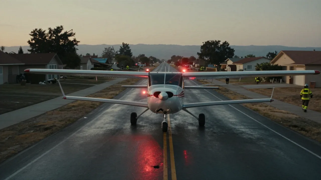 Small aircraft wreckage on a city roadway after an emergency landing