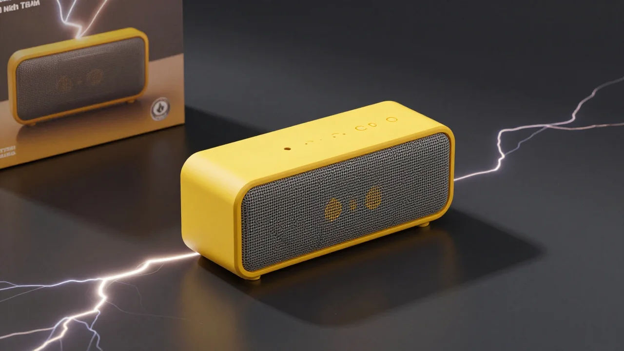 Yellow and gray portable speaker with abstract lightning details