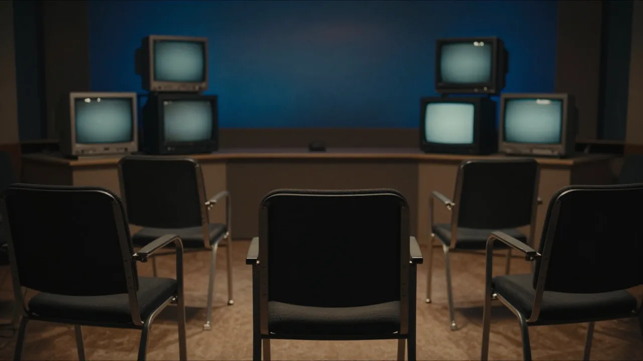 A dark television studio with an empty chair under dramatic lights