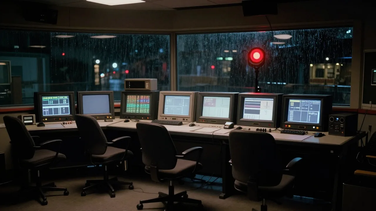 Dark television control room with glowing studio monitors
