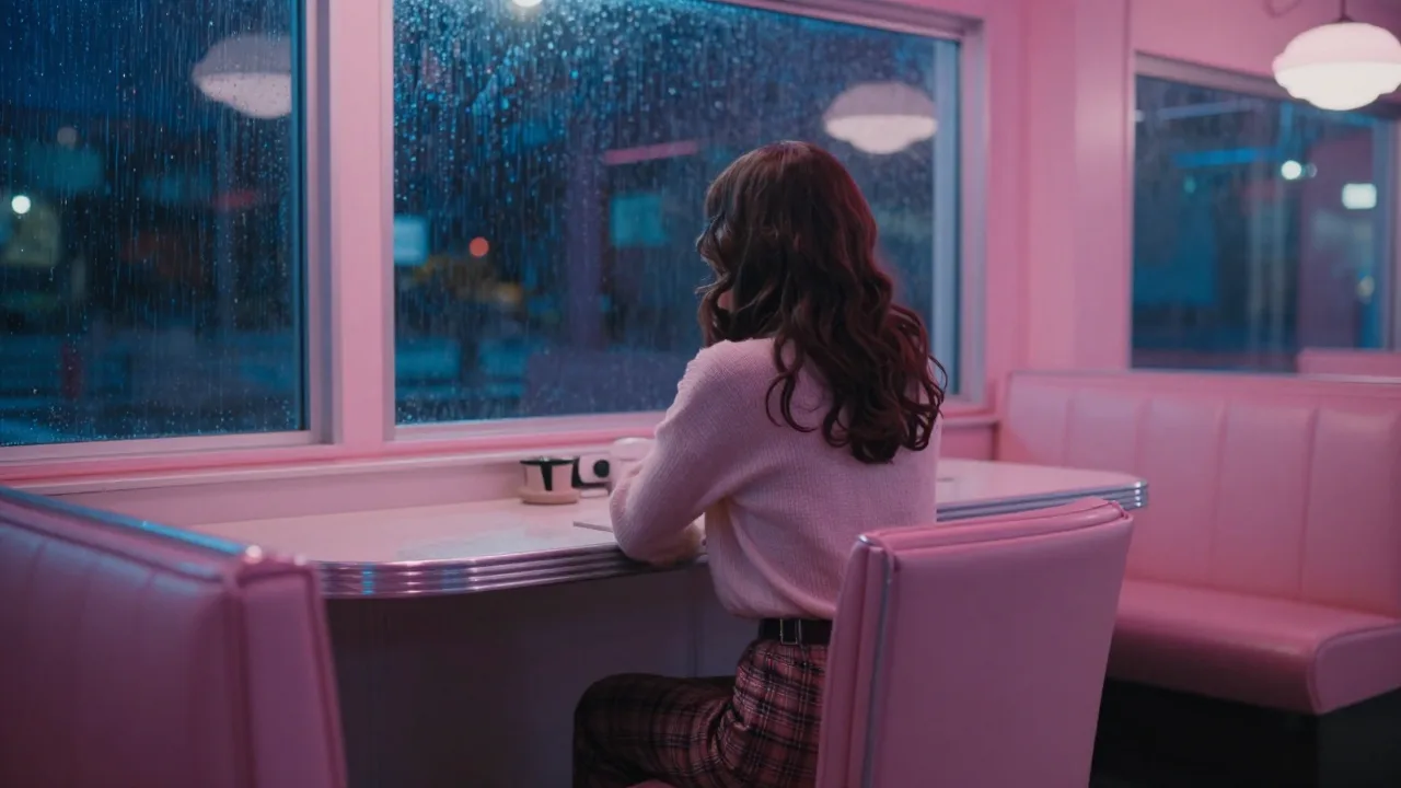A lone woman in a neon-lit diner at night