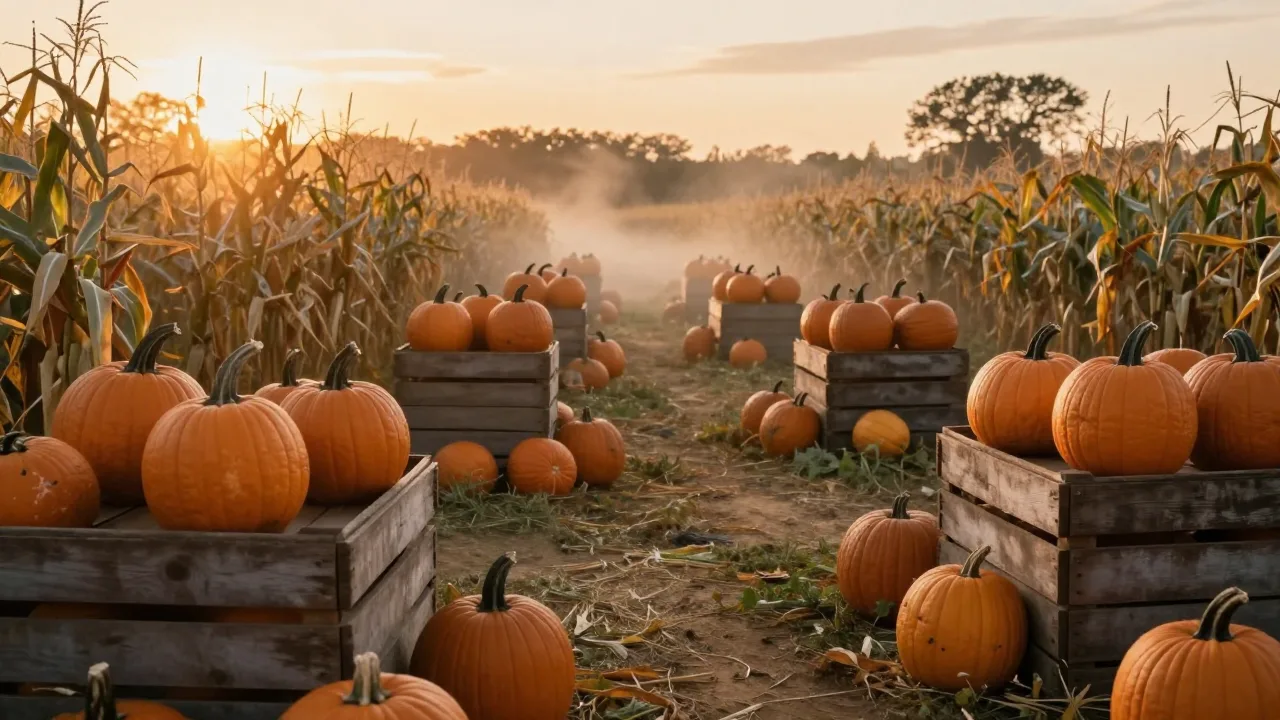Pumpkins arranged beside a country farm path at sunset
