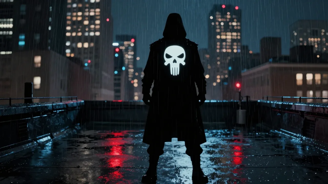 A shadowy comic-book style vigilante silhouette in a rain-soaked city