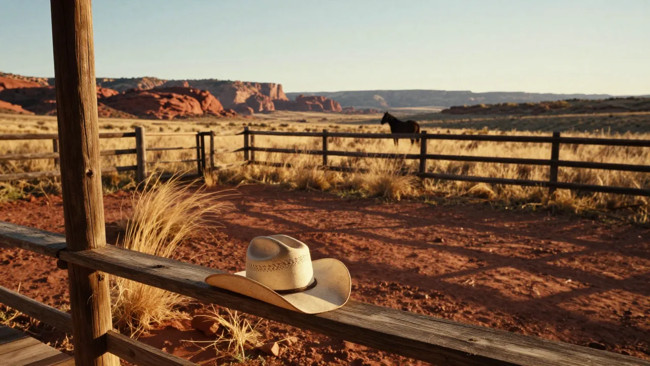 Empty ranch fence and canyon landscape at golden hour with a cowboy hat resting on a porch rail