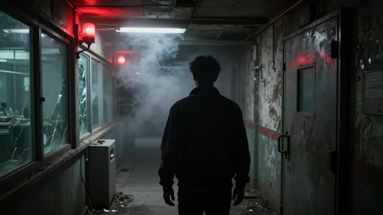 A shadowy abandoned laboratory corridor with emergency red lighting