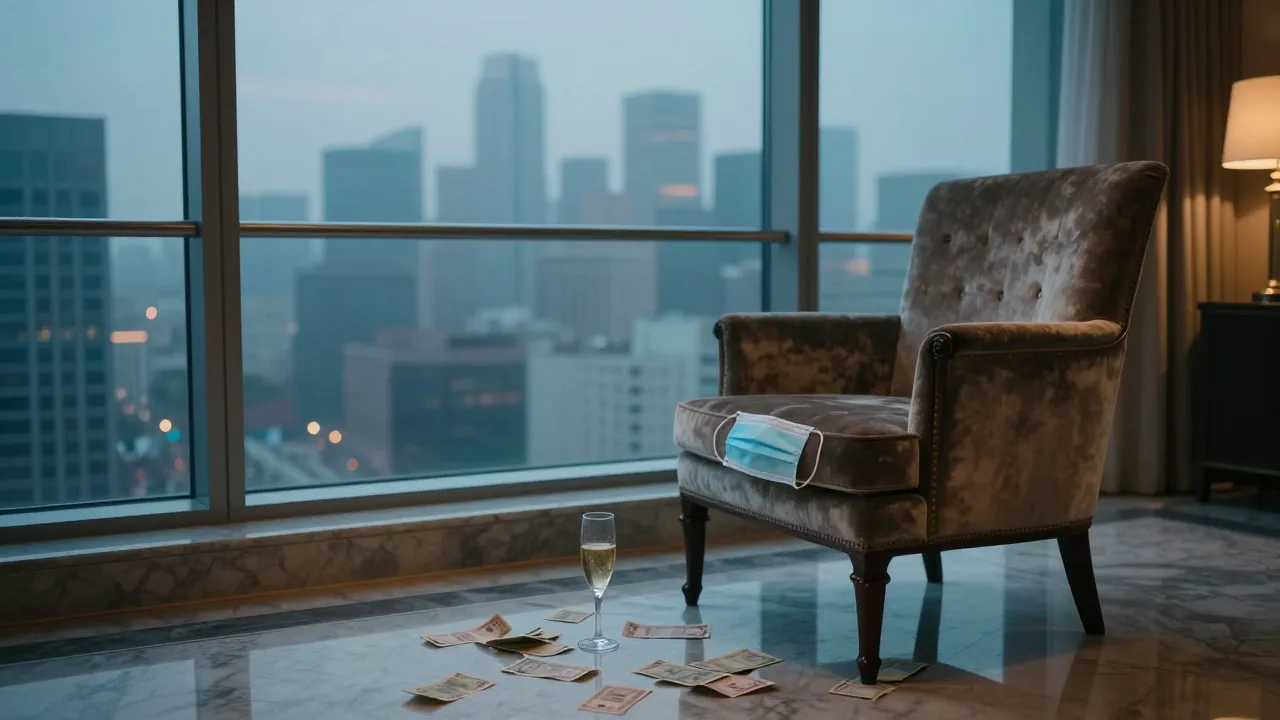 Empty luxury penthouse at dusk with a surgical mask left on a designer chair