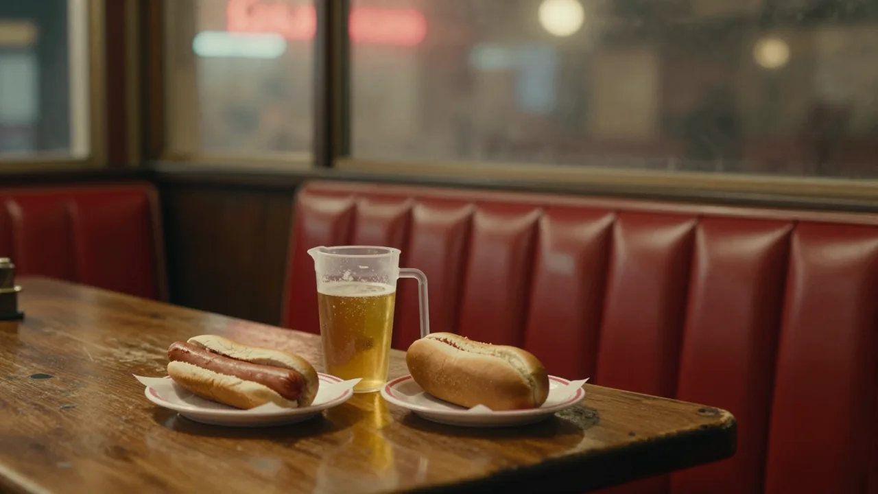 Dimly lit dive bar interior with red vinyl booths, a pitcher of golden beer and a hot dog on a paper plate