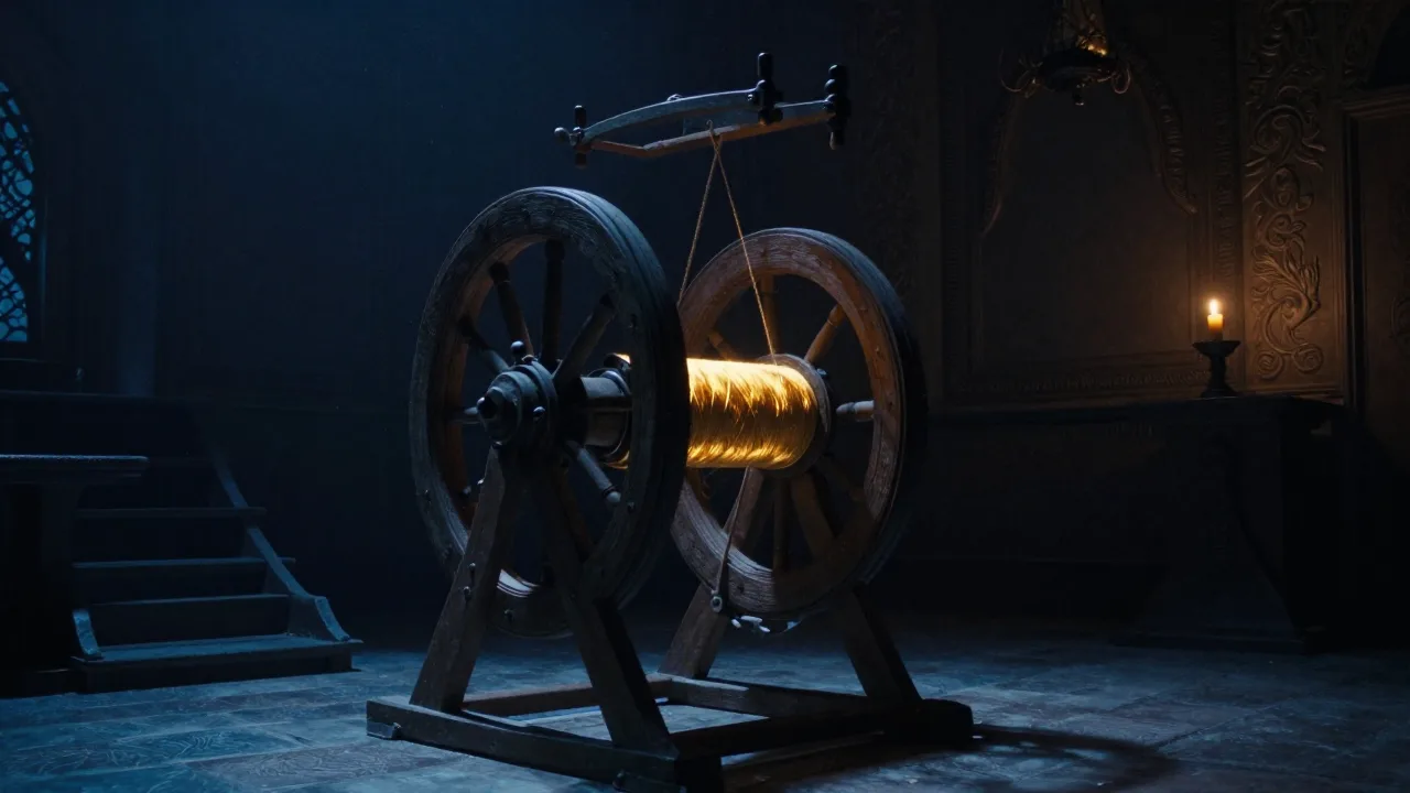 A glowing spinning wheel in a candlelit fairy-tale chamber