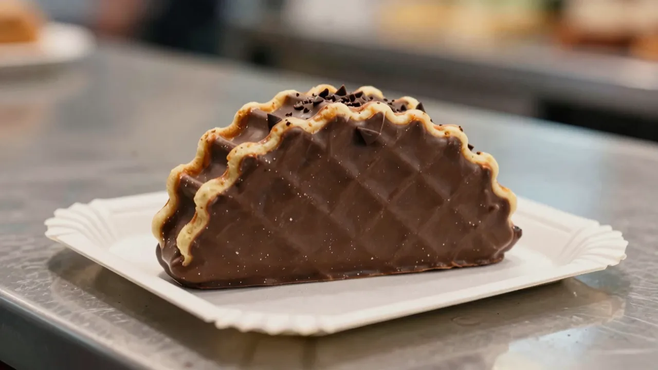 Chocolate coated ice cream taco in a waffle shell on a paper tray under warm diner lighting