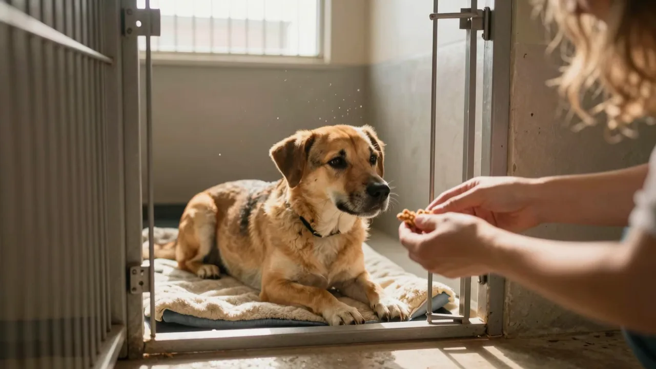 A calm shelter dog resting on a blanket in a bright kennel with soft morning light