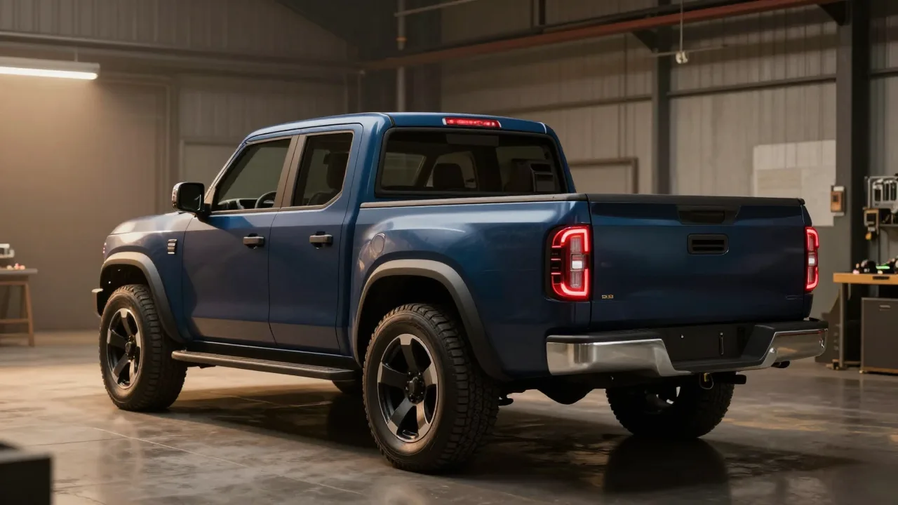 A dark Mustang-inspired pickup concept in a workshop