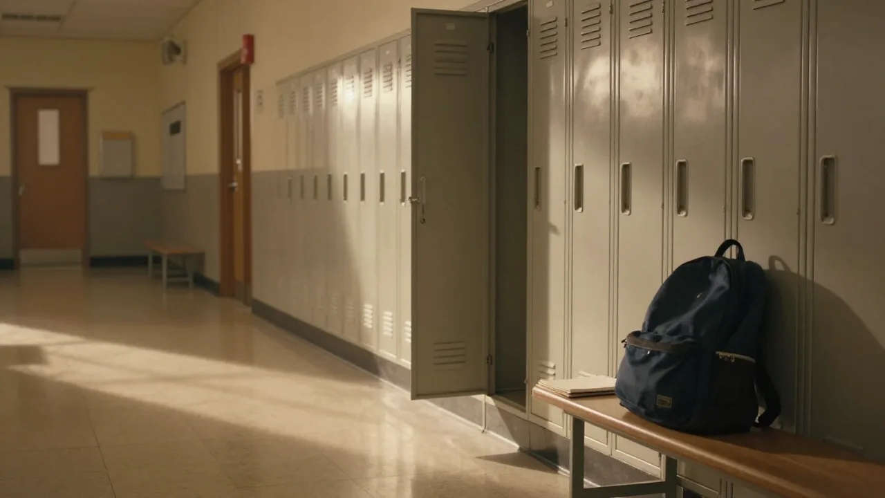 A moody high school hallway with a locker, notebook and soft afternoon light
