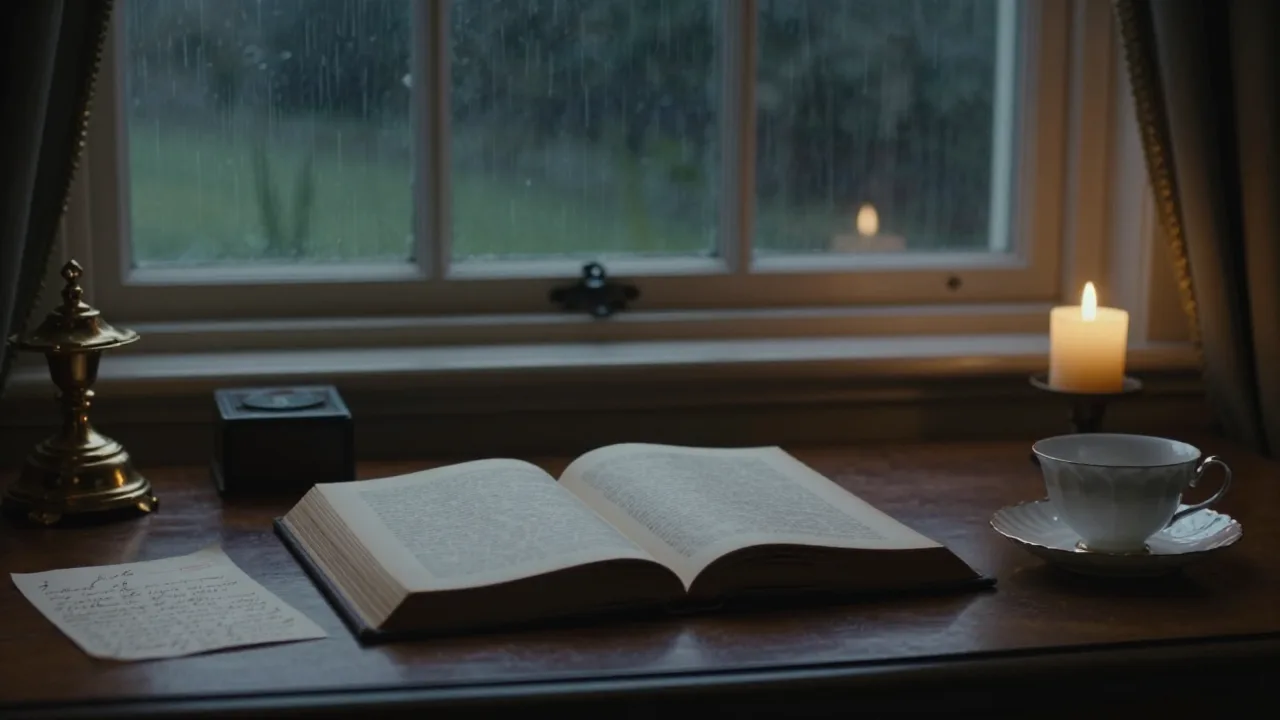 A candlelit Regency-era writing desk with an open novel