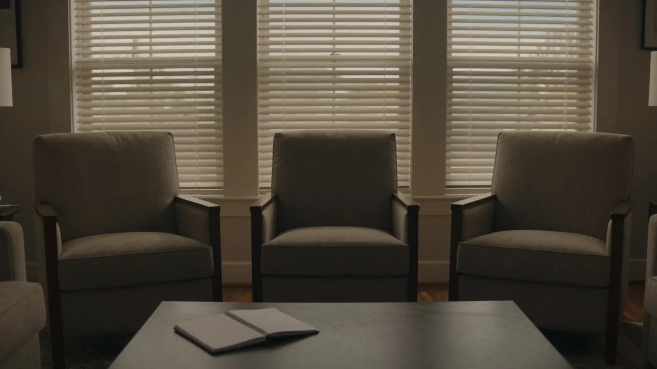 Three empty chairs facing a warmly lit living room set