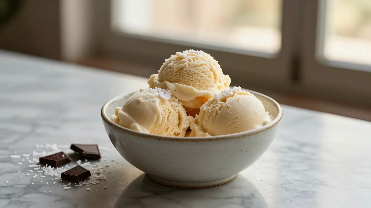 A scoop of creamy dairy-free frozen dessert in a ceramic bowl