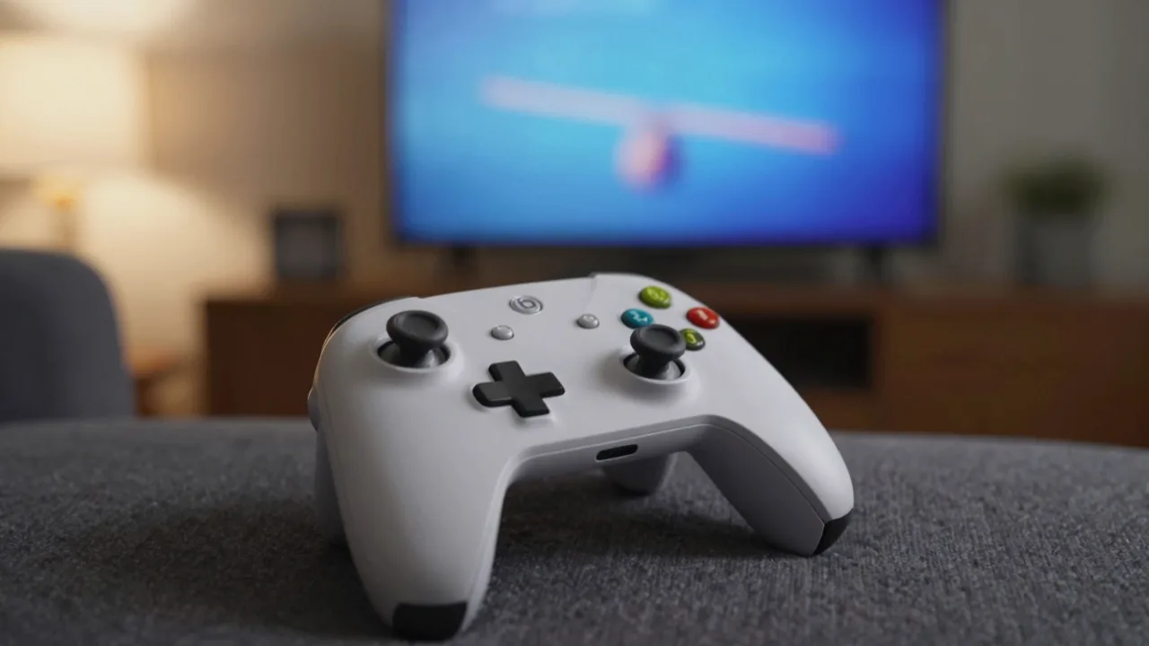 A game controller resting on a couch beside a glowing screen showing a wallet balance
